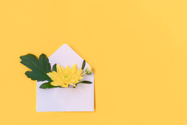 Virágok összetétele boríték és sárga virágok sárga alapon. Mockup, lapos fektetés, felülnézet - Fotó, kép