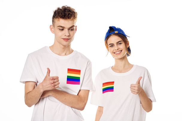 young couple in white t-shirts Flag lgbt transgender sexual minorities - Fotografie, Obrázek