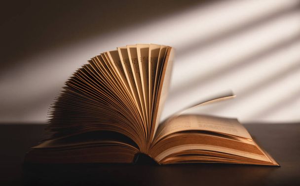 Okuma, Eğitim ve Öğrenme Konsepti. Masanın Üzerinde Açık Kitap. Pencereden geçen güneş ışığı gölgesi - Fotoğraf, Görsel