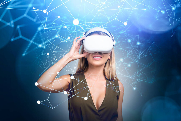 Office woman in vr headset, circuit of connection in cyberspace. Augmented reality, game and future technology. Concept of global communication - Foto, imagen