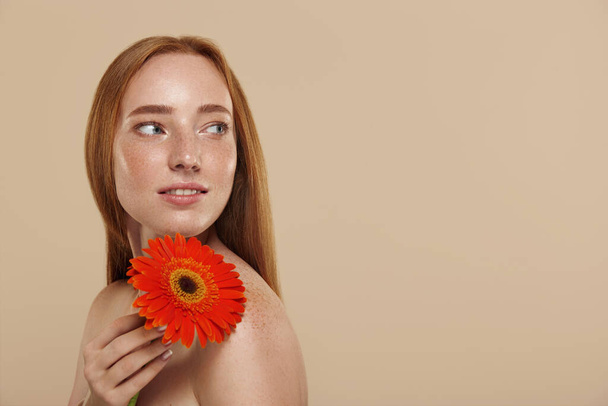 Redhead caucasian girl with naked shoulders holds gerbera flower. Cropped partial view of young beautiful red haired woman with freckles. Concept of natural female beauty. Isolated on beige background - Fotografie, Obrázek
