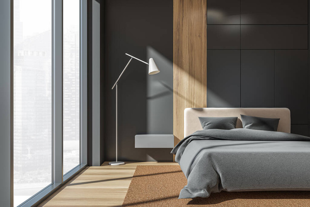 Bedroom interior, grey bed linens and pillows, front view, beige carpet and parquet floor near window with city view. Floating nightstand and lamp, 3D rendering - Photo, image