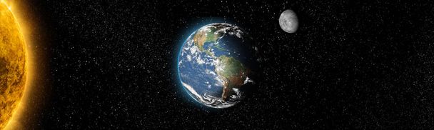 Soleil étoile et planète Terre et lune dans l'espace vue de face. Fond cosmique.Système solaire.Eléments de cette image fournis par la NASA. - Photo, image