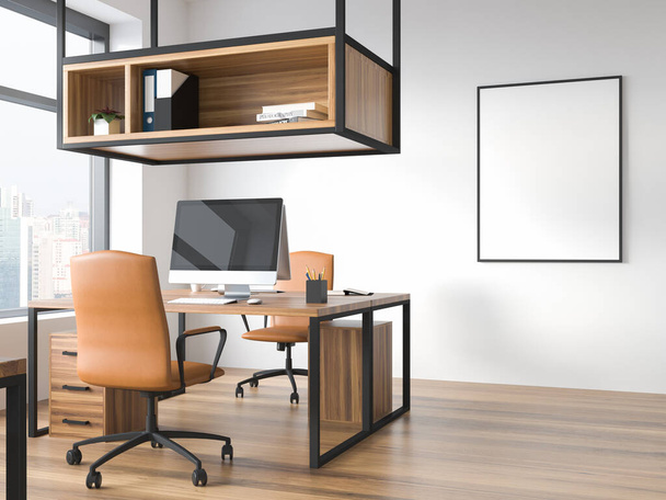 White office room interior with leather armchairs and pc on the table with Singapore city view. Open space manager room with shelves. Copy space blank frame, 3D rendering - Foto, afbeelding