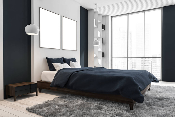 Two canvases in white and blue bedroom interior with shelving in corner, pendant lights, bed with bedside table, panoramic view, grey carpet and wood floor. Concept of modern design. 3d rendering - Photo, image