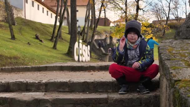 El niño se sienta en una gran escalera en el parque durante el otoño - Metraje, vídeo