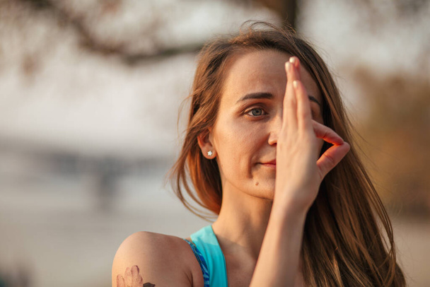 yoga mudra, girl meditation and relax in the park - Photo, image