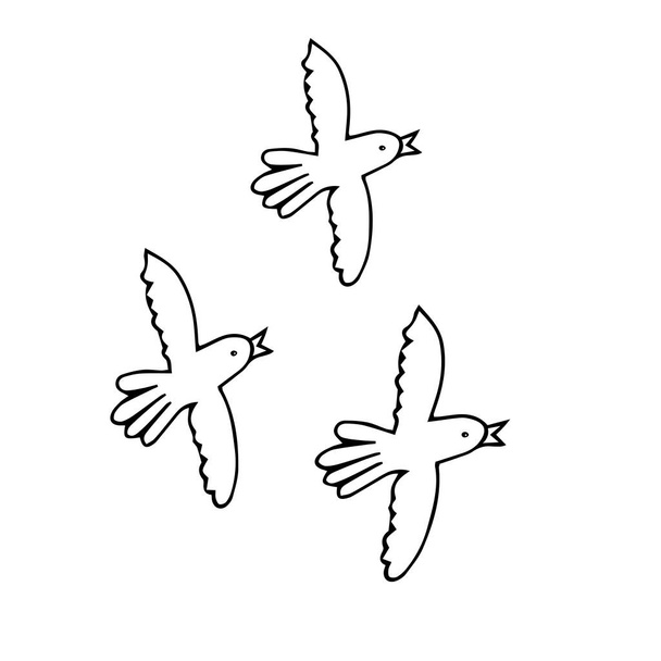 A Hand-drawn black vector illustration of a group of doves is flying on a white background - Vector, Imagen