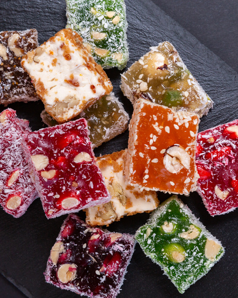 Lukum, a set of Arabic sweets, a national Turkish dessert. Top view - Photo, Image