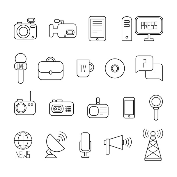 Set of flat colorful vector journalism icons. Mass media. Communication. Illustration consists of computer, news, camera, microphone, radio. Infographics design web elements. - Vector, imagen