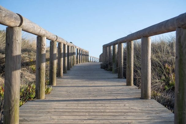 Ponte escursionistico in legno. Percorso di viaggio in natura. Passerella di tronco diretta verso il mare. Portogallo lungomare - Foto, immagini