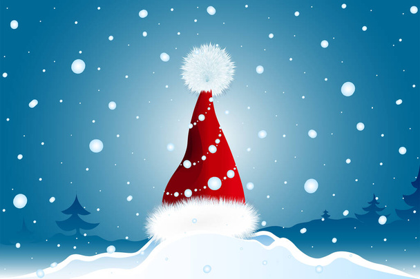 Το καπέλο του Άη Βασίλη βρίσκεται στο δάσος σε μια χιονοστιβάδα και γίνεται σαν χριστουγεννιάτικο δέντρο κάτω από μια χιονόπτωση - Διάνυσμα, εικόνα