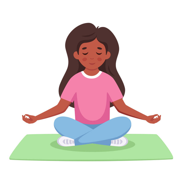 Meisje mediterend in lotushouding. Yoga en meditatie voor kinderen - Vector, afbeelding