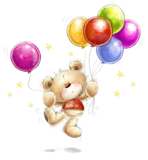 Милый плюшевый мишка с красочными шариками и звездами. Фон с медведем и воздушными шарами. Ручной рисунок плюшевый медведь изолирован на белом фоне.
. - Фото, изображение