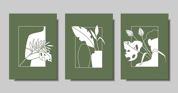 Collection of modern posters with abstract shapes. Women, tropical leaves. Vector illustration. - Vector, Image