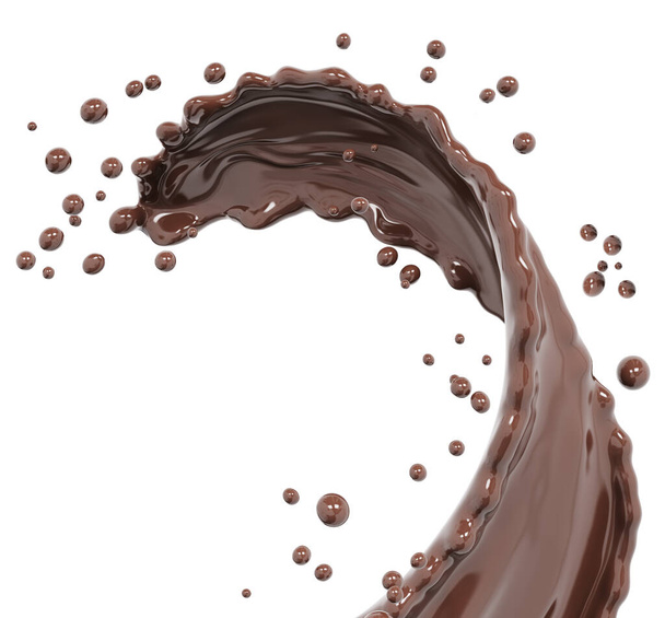 Разбрызгивание горячей шоколадной еды и напитков на белом фоне, иллюстрация для рекламы продуктов питания, 3D-рендеринг, изолированный  - Фото, изображение