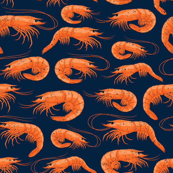 Retro stylizované krevety bezešvé vzor, mořské plody pozadí, krevety ilustrace - Vektor, obrázek