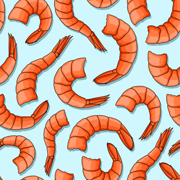 Seafood saumaton kuvio katkarapuja hännät sinisellä pohjalla - Vektori, kuva