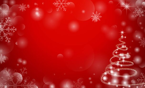 Abstract Christmas red background. Holiday concept, magic, new year. Bokeh, snowflakes. Winter holidays. Place for your text. Christmas tree, glowing lights - Foto, imagen