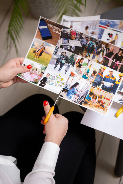 Женщина с ножницами вырезает фотографию из журнала во время тренировки, реализуя мечту - Фото, изображение