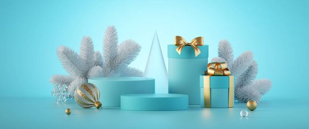 3d render. Abstract scene with Christmas ornaments and gift boxes, isolated on mint blue background. Showcase with empty podium for product presentation. Festive horizontal banner - Photo, image