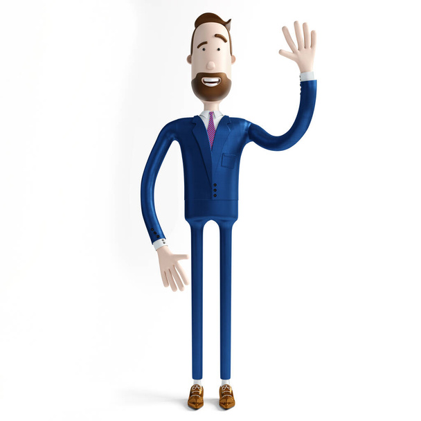 Schöner Cartoon-Geschäftsmann winkt mit der Hand und macht Hallo-Geste isoliert auf weißem Hintergrund - 3D-Illustration - Foto, Bild