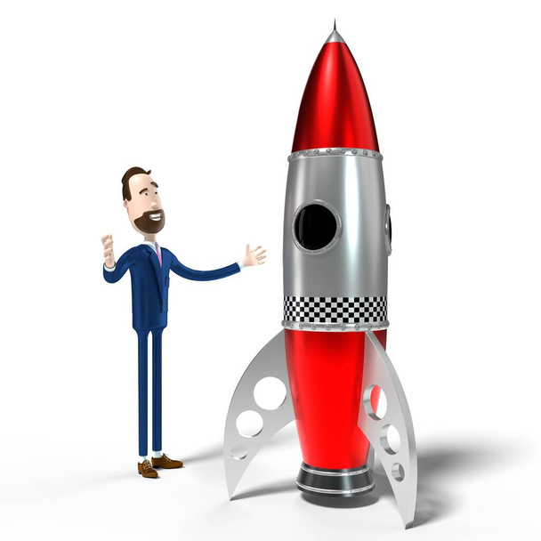 Guapo hombre de negocios de dibujos animados y cohete de juguete, fondo blanco - Ilustración 3D - Foto, Imagen