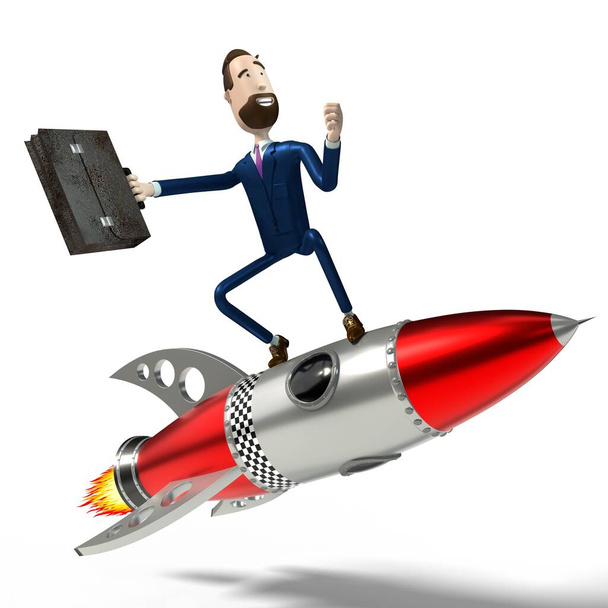 Homme d'affaires beau dessin animé chevauchant sur une fusée jouet, fond blanc - illustration 3D - Photo, image