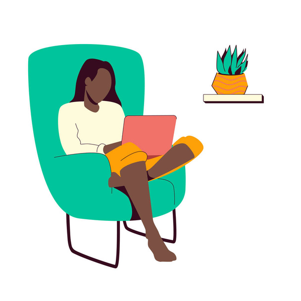 Fekete nő ül a modern szék dolgozik laptop. Távmunka otthonról. Szabadúszó. Otthoni iroda koncepció. Aranyos belső tér. Minimalista rajzfilm stílusú illusztráció. - Vektor, kép