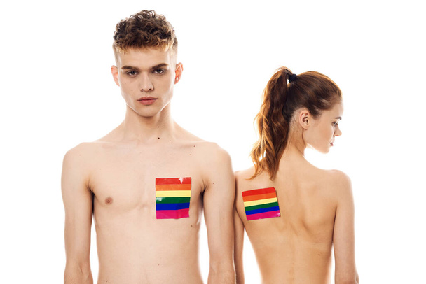 young couple lgbt Flag transgender lifestyle light background - Foto, Imagem