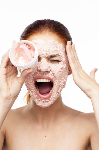 emotional woman cream face mask bare shoulders health - Foto, afbeelding