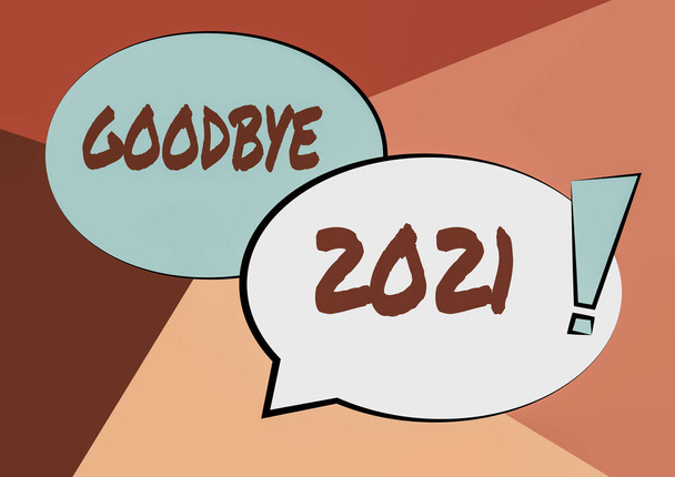 Kézírás jel Viszlát 2021. Üzleti koncepció kifejezni jó kívánságait, amikor elválnak, vagy a múlt év végén Két színes átfedő beszéd buborék rajz felkiáltó jel. - Fotó, kép