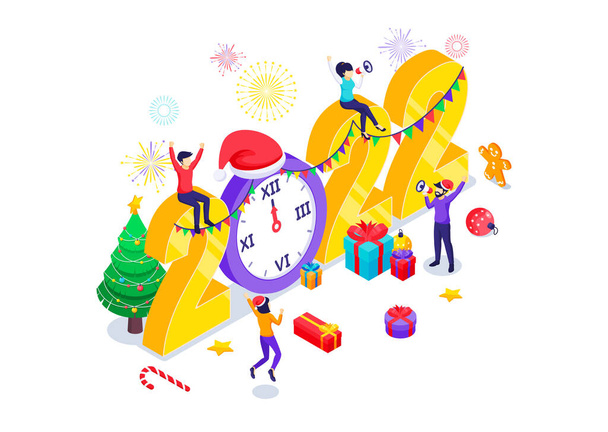 People celebrating New year near decorated big 2022 number with gift boxes and fireworks. Merry Christmas and Happy New year design concept. Isometric Vector Illustration - Vector, Imagen