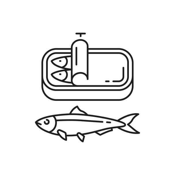 Canned sardines in oil isolated thin line icon. Vector Portuguese national food, seafood product packaging. - Vector, Image