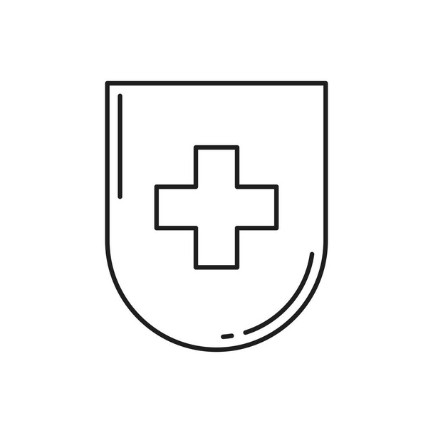Švýcarský kvalitní štít izolované tenké čáry ikony. Vektorový znak vlajky Švýcarska, národní symbol, ochranná a bezpečnostní značka. Zdravotnictví kříž, lékařská pomoc a asistenční odznak, oficiální vlajka - Vektor, obrázek