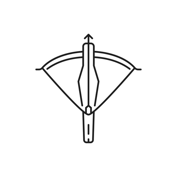 Balestra fiocco medievale svizzero o Svizzera simbolo dello sport isolato sottile icona linea. Arbalest vettoriale, esplosione d'arma con vista ottica. Caccia munizioni sportive, attrezzature arciere,, tiro con l'arco pistola freccia - Vettoriali, immagini