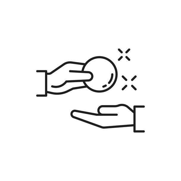 Hand giving and receiving cash isolated thin line icon. Vector donation, funding, payday, bribe concept. Pay for something, money refund, cashback or loan, reward or return coins, change, price off - Vector, Image