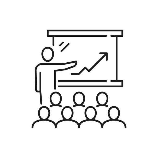 Presentation and discussion, man speaker pointing on chart board with growing arrow isolated thin line icon. Vector presenter leader and workers managers brainstorming and recruiting, line art - Vector, Image