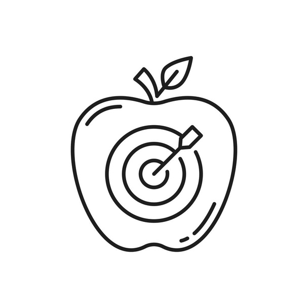 Cílové jablko zasaženo dřevěnou šipkou uprostřed izolované obrysové ikony. Vektorová výzva a obchodní úspěch, přesné míření v ovoci, šťastná rána. Vedení a přesnost, účelový úspěch, konkurence - Vektor, obrázek