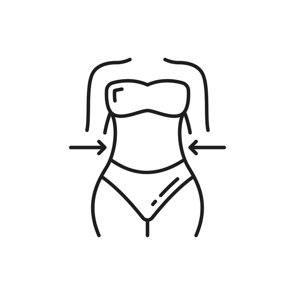 Woman in bikini slimming isolated outline icon. Vector fitness, hydration and lifting, spa salon procedures. Girl with sexy figure loss weight, lady in good shape, body massage health care treatment - Vector, Image