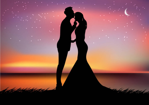 Silhouettenbild Ein Paar Mann und Frauen mit Mond am Himmel zur Nachtzeit Design-Vektor-Illustration - Vektor, Bild
