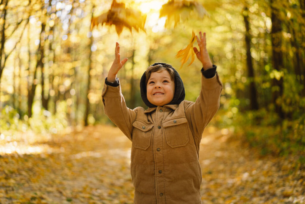 Joyeux petit garçon enfant riant et jouant le jour d'automne. Jeu d'enfants avec des feuilles - Photo, image