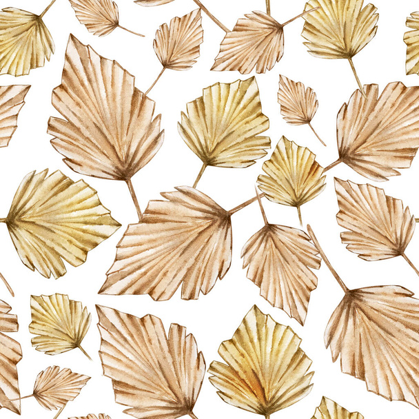 Festive autumn watercolor seamless pattern with yellow beige dry leaves isolated on white background. Decorative autumn botanical art print for holiday design. - Фото, изображение
