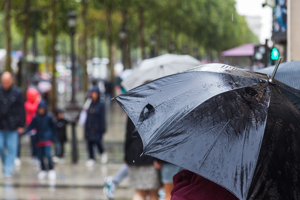 Person with rain umbrella standing at the pedestrian crossing in the rainy city - Valokuva, kuva
