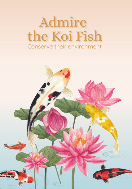 Poster template with koi fish concept,watercolor style - Vector, Image
