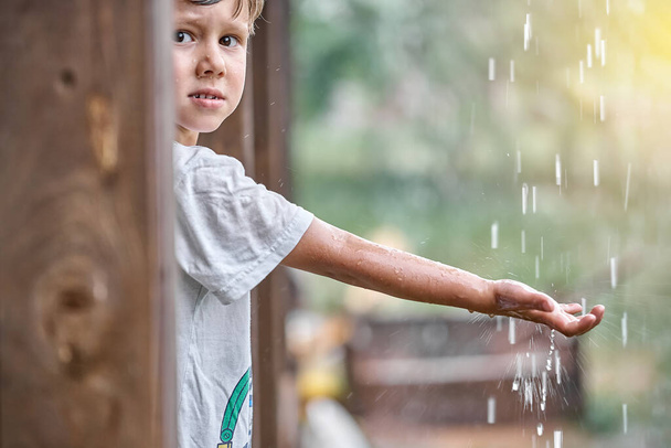 Blond little boy in white t-shirt holds hand under falling down rain drops standing on country house terrace backside view - 写真・画像