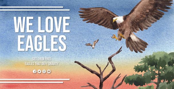 Billboard template with bald eagle concept,watercolor style - Vector, Image