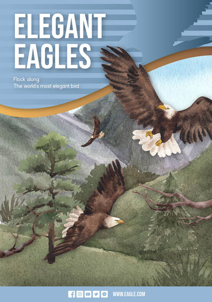 Plantilla de póster con concepto de águila calva, estilo acuarela - Vector, imagen