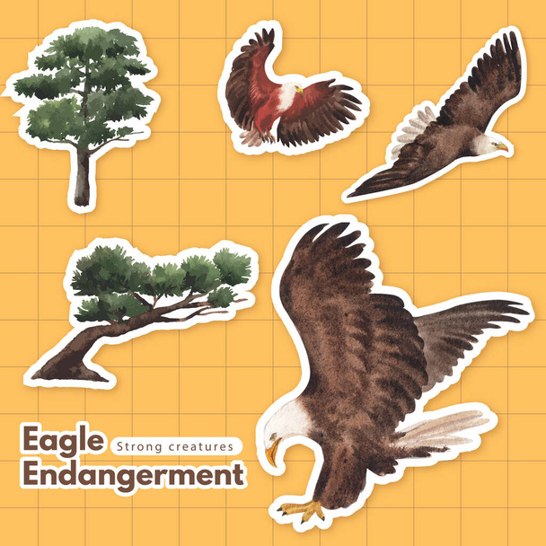 Sticker template with bald eagle concept,watercolor style - Vector, Image
