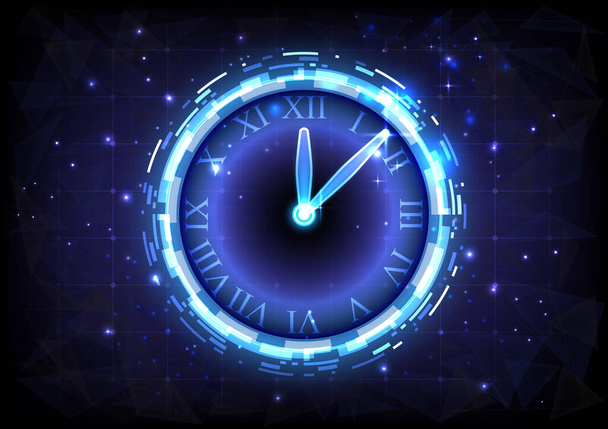 Futuristic Sci-Fi glowing HUD clock. Abstract time machine and polygon hi-tech background. Data computer of head-up display interface. Virtual reality technology timer. Deadline concept - Vector, Image